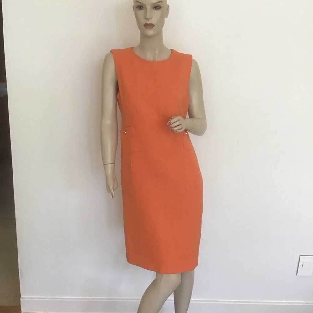 Tory Burch Orange Wool Blend Stretch Sleeveless Sheath Dress 6 Career Office